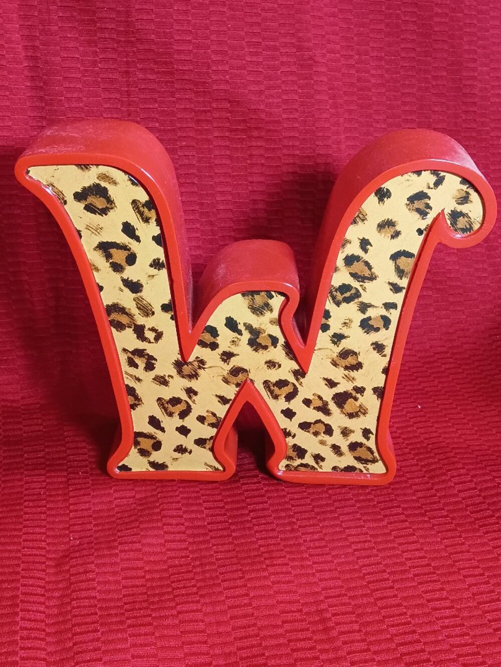 Ceramic Leopard Print Letter W Red Monogram Initial Shelf Decor 5"
